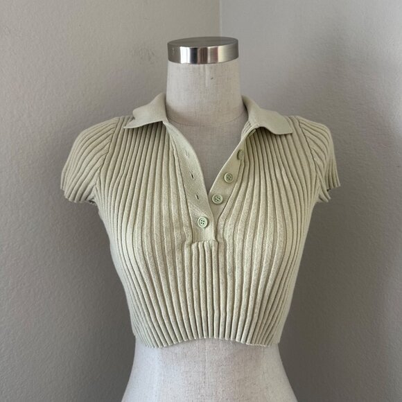 Brandy Melville Crop Tank Top Ribbed Polo Neck Cap Sleeve Cotton Green Sz S - Picture 2 of 10
